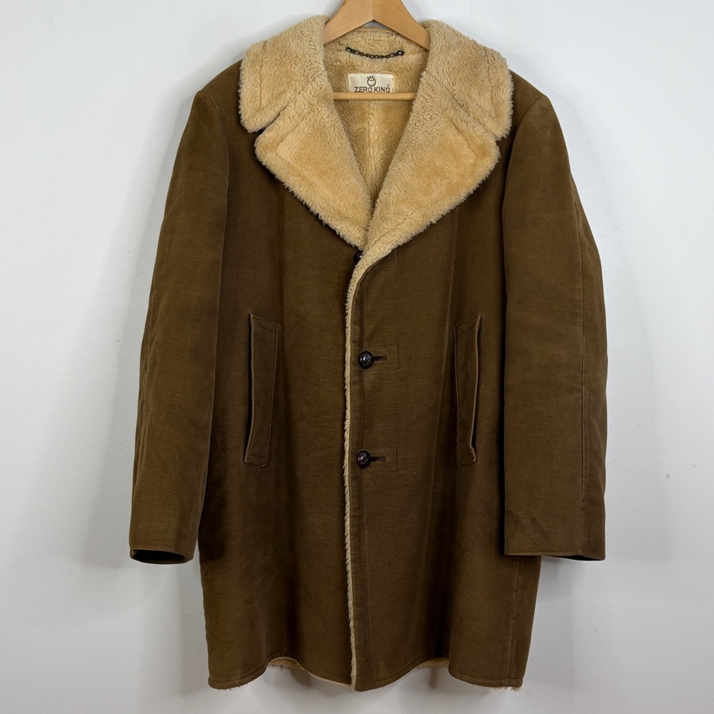 Vintage Faux Suede Coat Mens 42 Large Brown Faux Shearling Retro 70s Made in USA